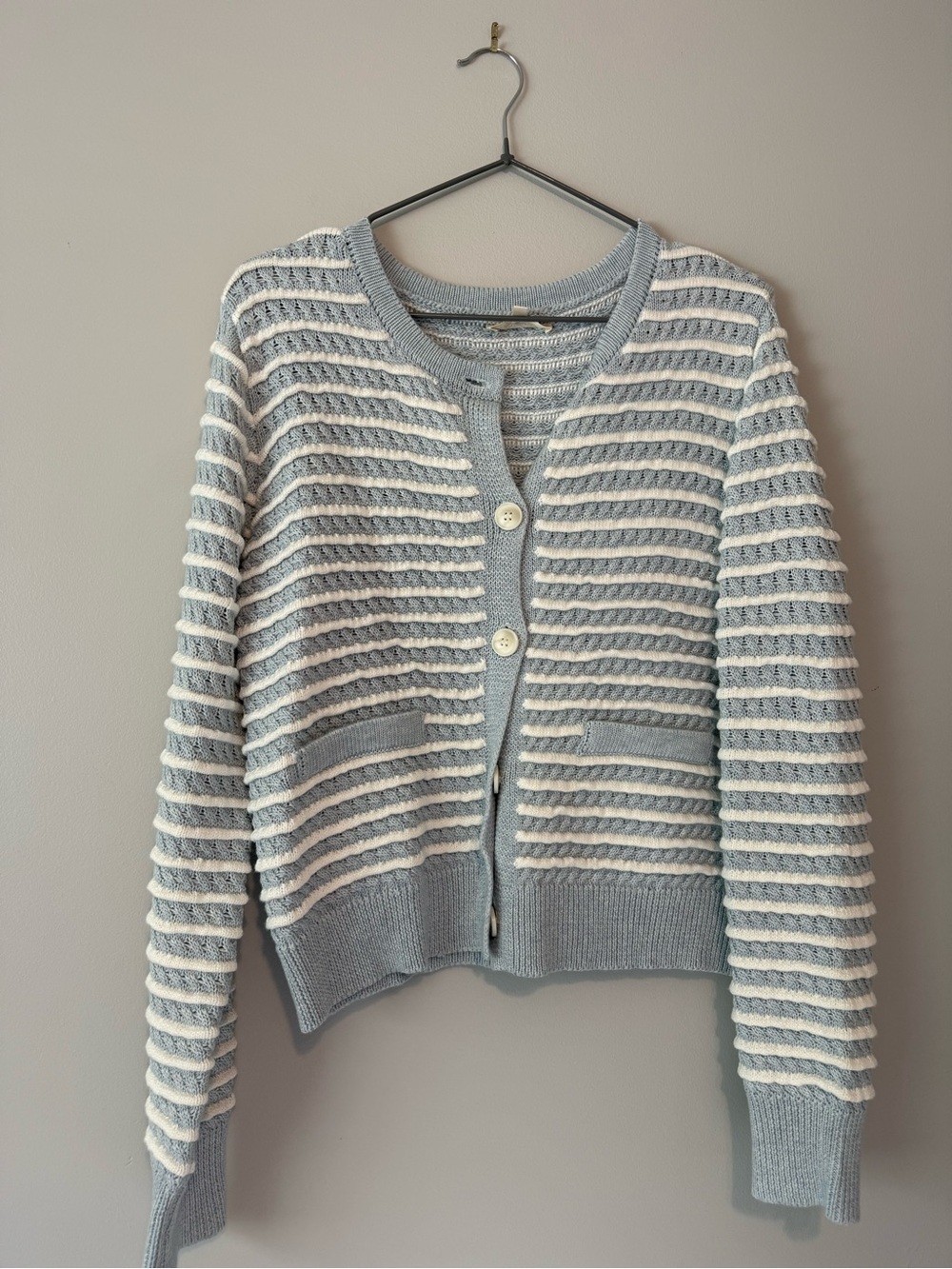 Mystree Light Blue & Cream Striped Button Cardigan